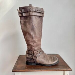 Taupe Knee High Leather Boot Size 8.5 Stud Buckle Moto Born